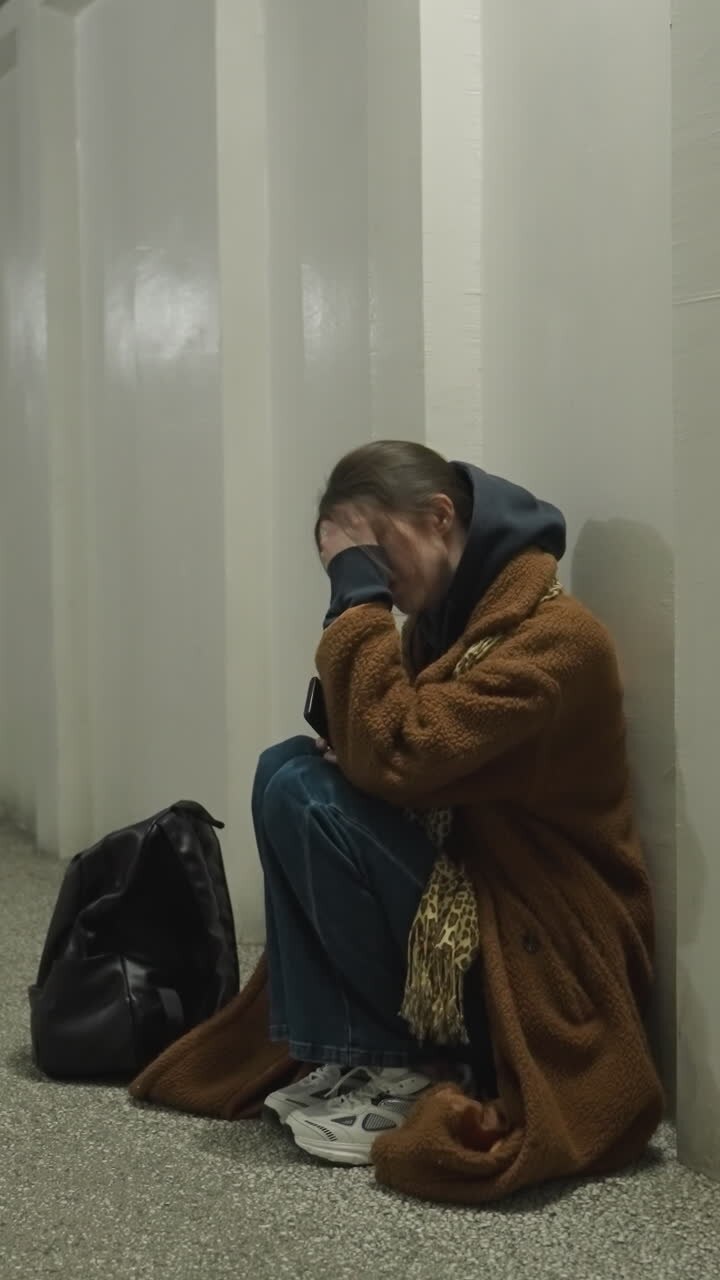 A girl in a brown coat sits bent over in an underpass tunnel, her hand covering her face while holding her phone. Her expression conveys deep disconsolation and trouble