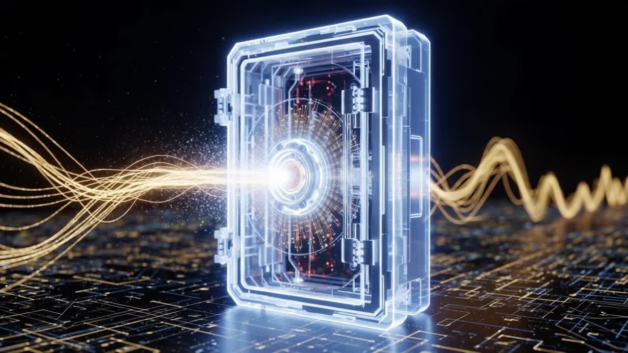 A futuristic digital vault unlocking with energetic waves of light, showcasing advanced technology fused with the concept of secure data protection and encryption