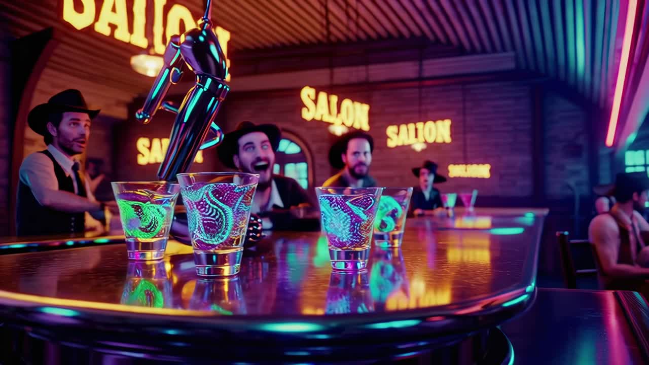 Neon Robot Bartender in a Wild West Saloon