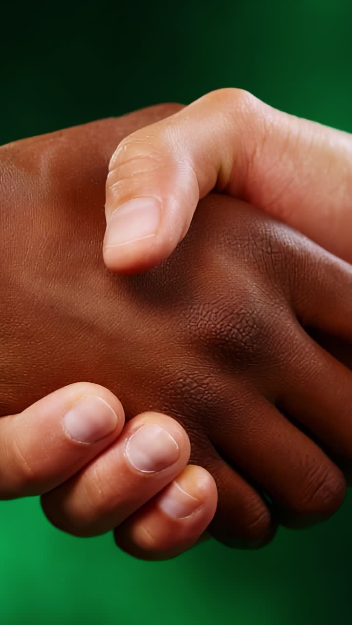 Nærbillede af to hænder, der trykker hinanden i et tegn på samhørighed, som viser solidaritet og forbindelse, og fremhæver skønheden i forskellige hudfarver og gensidig respekt