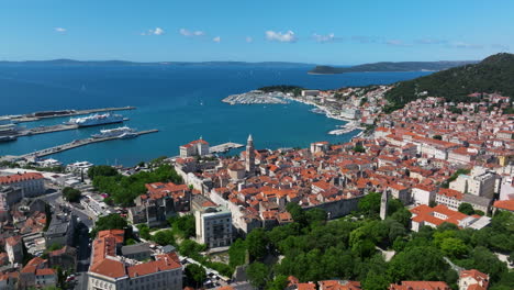 aerial view over old town of split in croatia - drone shot