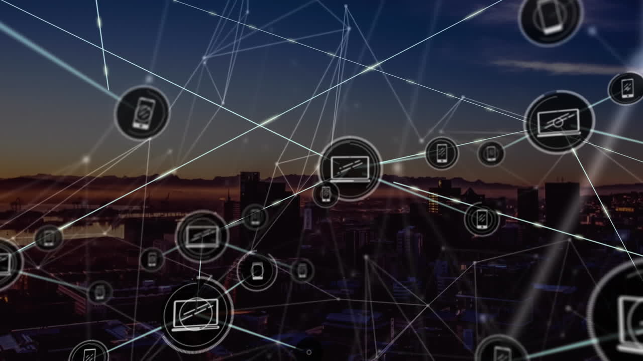 animación de la red de conexiones e iconos digitales frente a una vista aérea del paisaje urbano