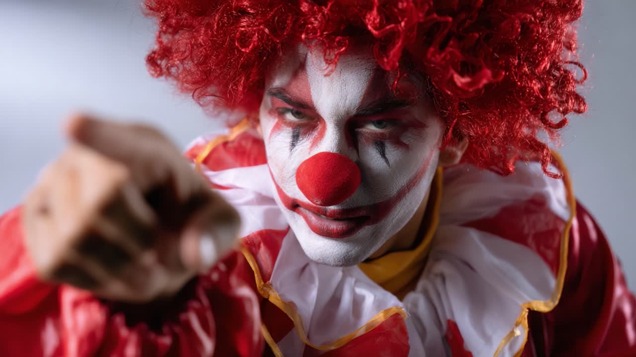 The Intense Gaze of a Clown: A Dramatic Portrait of a Performance Artist Captivating the Audience with a Provocative Gesture and Bright Costumes