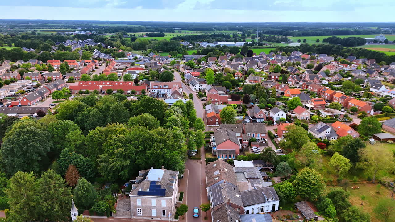 Panoramic view of Dutch suburb. An aerial look at a suburban Dutch settlement surrounded by expansive fields