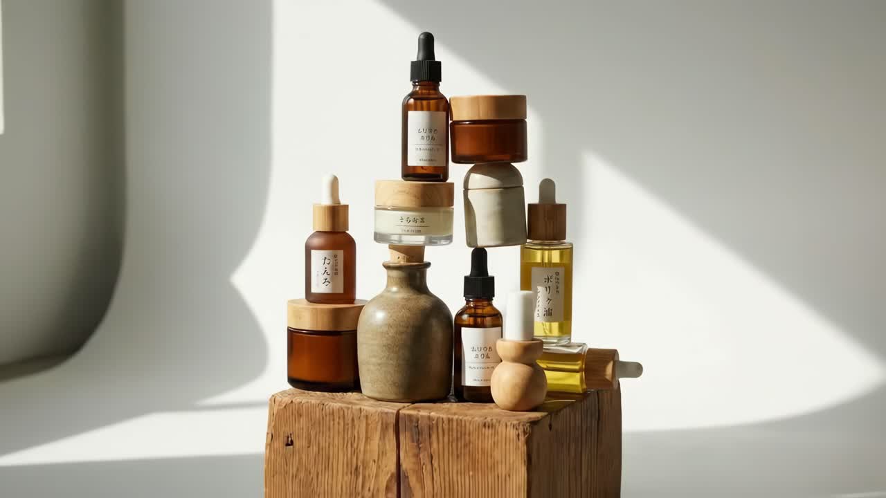 Prodotti cosmetici naturali esposti su un blocco di legno