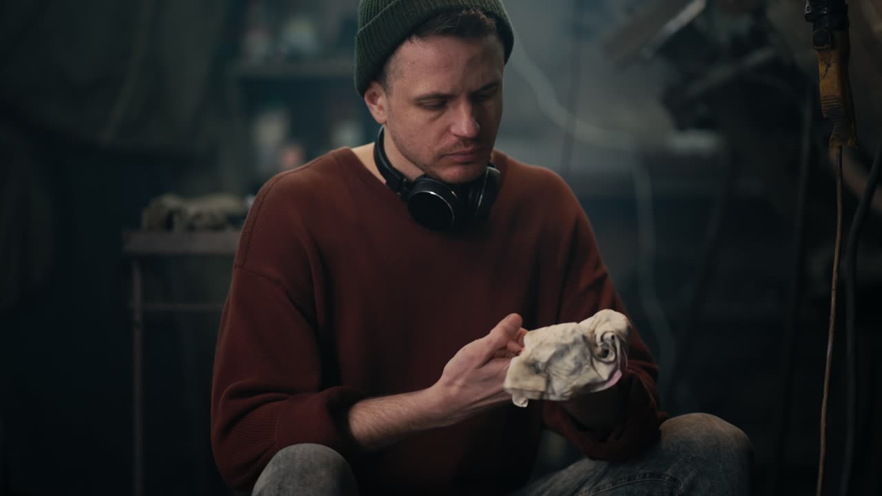 작업 중인 기계장교: 작업장에서 청소 및 유지보수. 기계장교가  ⁇  옷으로 손을  ⁇ 고 있습니다.