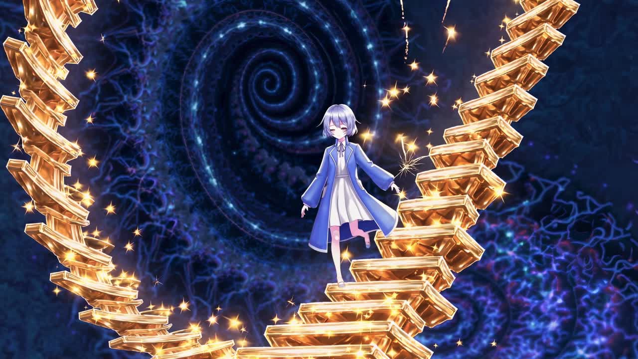 황금의 우주 계단은 마법의 소용돌이에서 떠다니며, 젊은 마법사가 걸어가고, 반이는 불빛과 회전하는 성운에 둘러싸여 있습니다.