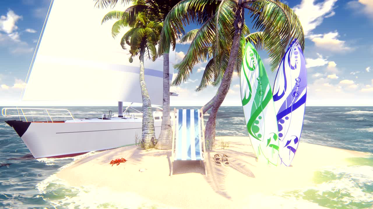 hermosa isla salvaje, playa y palmeras, arena blanca y cielo azul, silla de playa, tablas de surf y yate. increíble viaje de verano, fondo en bucle.