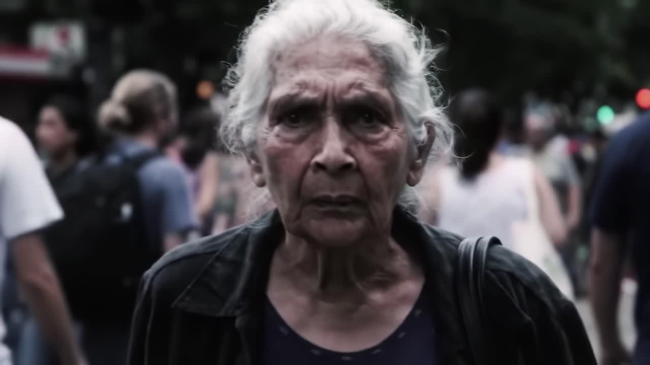 A Solemn Journey: Capturing the Essence of an Elderly Woman as She Navigates Through a Busy Urban Crowd, Reflecting on Her Past and Present Within the Buzz of City Life