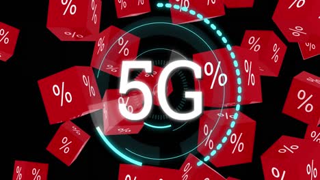 Animation-of-5g-text-and-circular-scanner-over-cubes-with-percentage-symbol