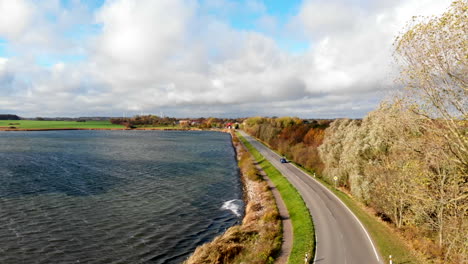 auto che guida su strada tra schlei mare e foresta in autunno, ripresa panoramica aerea