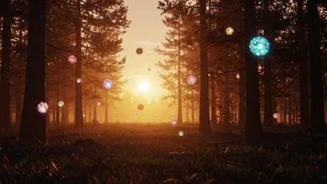 a serene forest at sunset with ethereal orbs floating amidst trees, bathed in mystical light and enveloped by nature's beauty