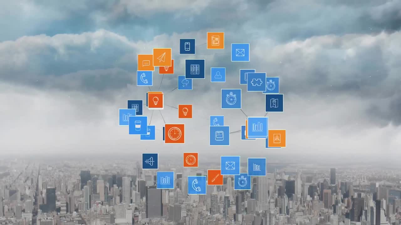 animación de iconos que forman forma de globo sobre vista aérea del paisaje urbano contra el cielo nublado