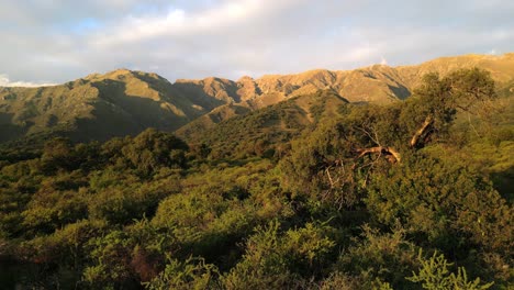 Stunning-aerial-drone-footage-capturing-lush-vegetation,-mesmerizing-cloud-and-mountain-landscapes-in-the-last-light-of-sunset