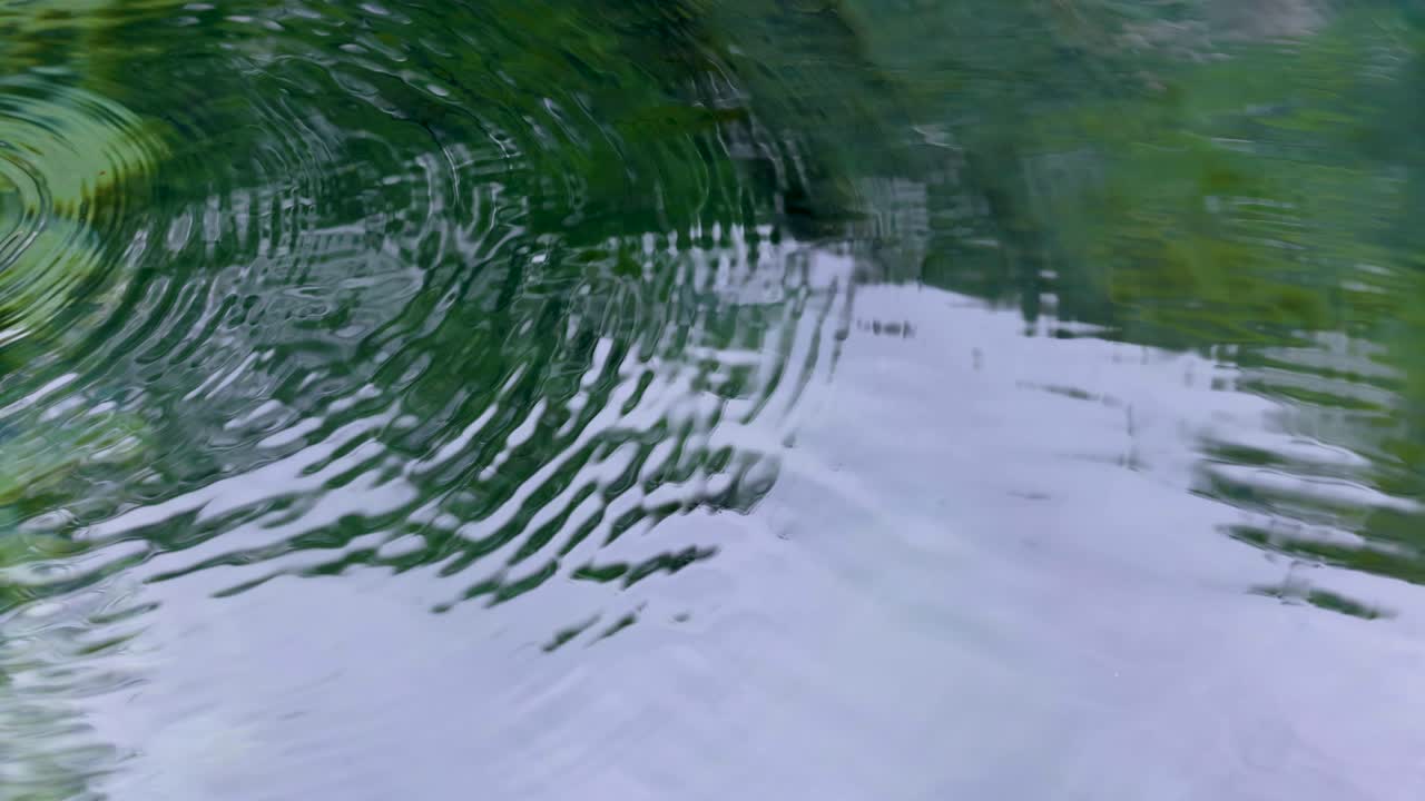 Gentle ripples on clear water reflecting lush greenery in canal