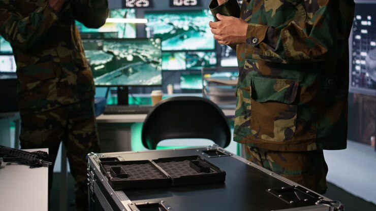 Close up of soldier holding pistol, managing combat load equipment