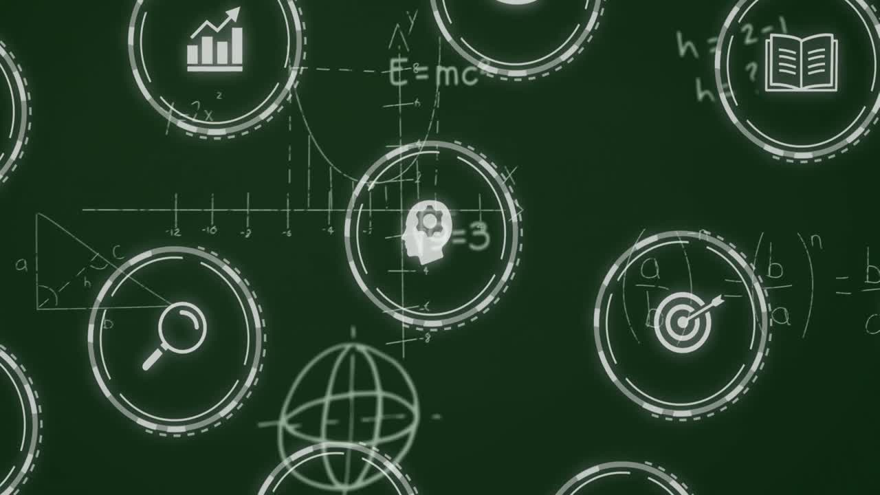 녹색 배경에 대한 수학 방정식과 다이어그램 위에 원으로 아이콘의 애니메이션