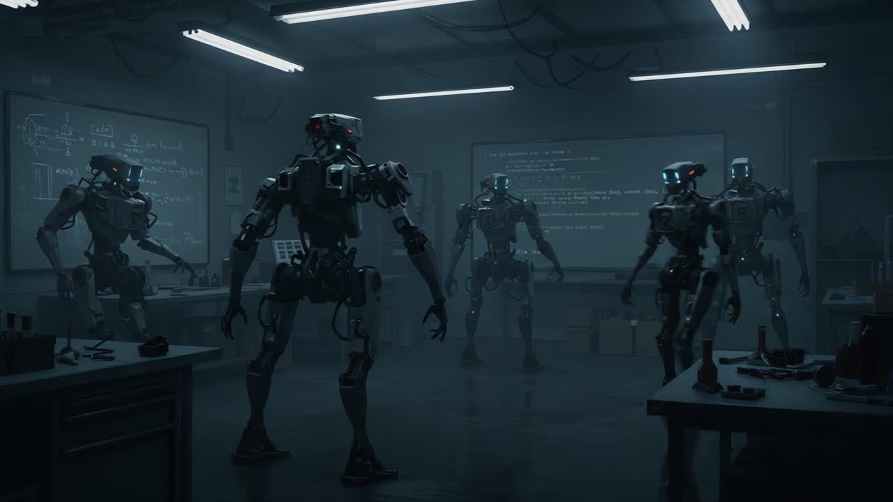 A Group of Advanced Robots Engaged in Evolutionary Dialogue in a Dimly Lit Laboratory, Showcasing Their Intricate Designs and Coding Skills