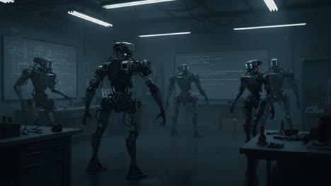 a group of advanced robots engaged in evolutionary dialogue in a dimly lit laboratory, showcasing their intricate designs and coding skills