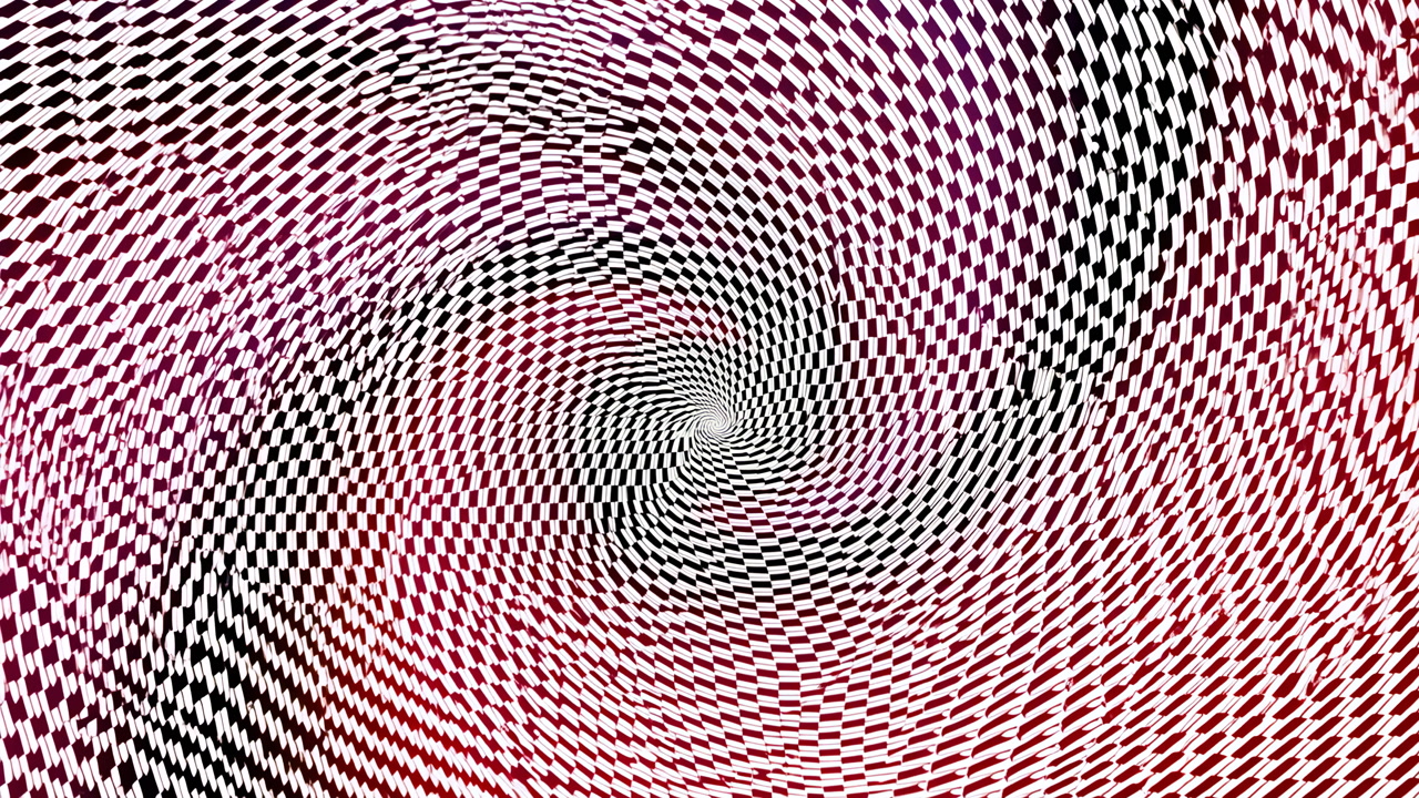 Black White Checkerboard Spiral Creates Mesmerizing Optical Illusion With Subtle Color Accents, Dizzying