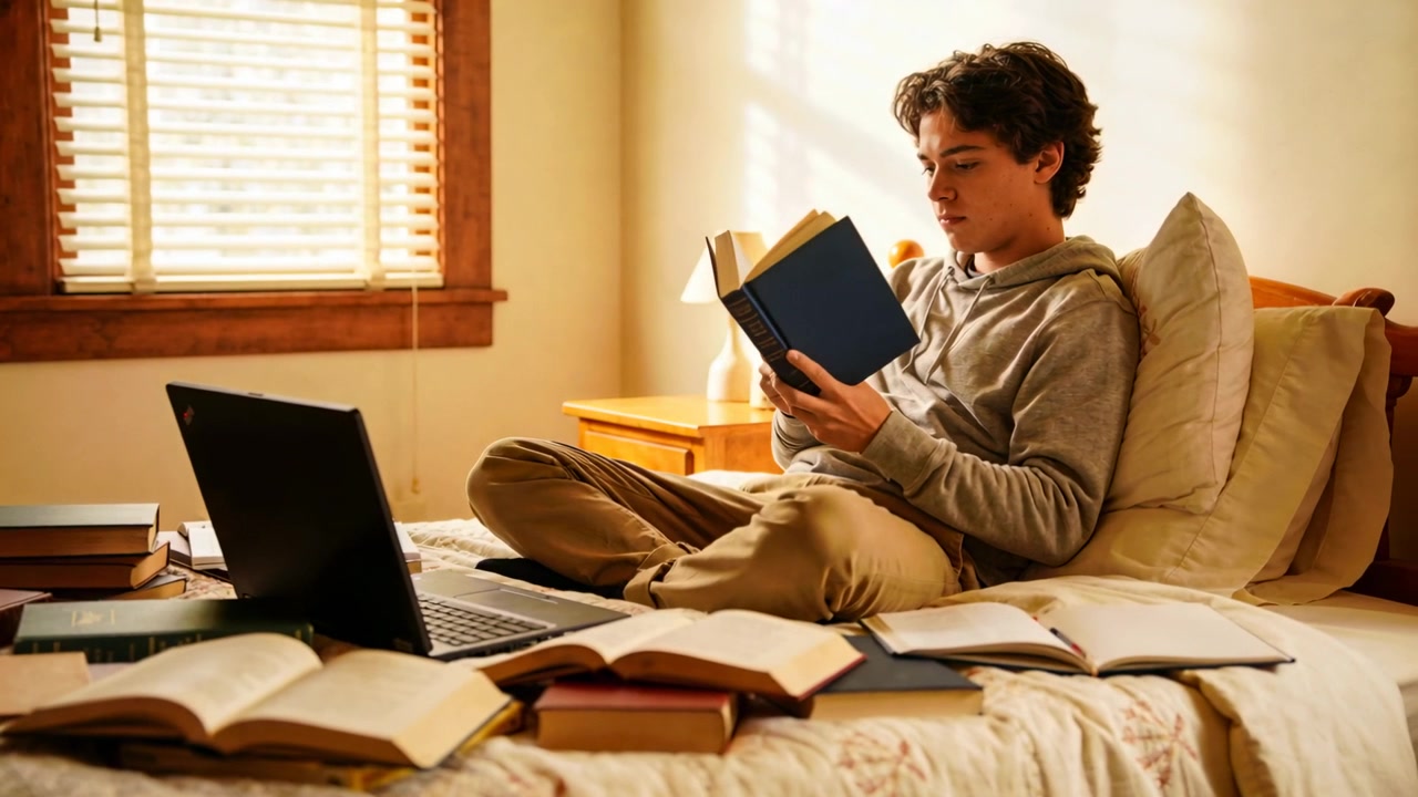 Picking up book, teen flipping pages while studying on bed in gray hoodie, khakis and laptop