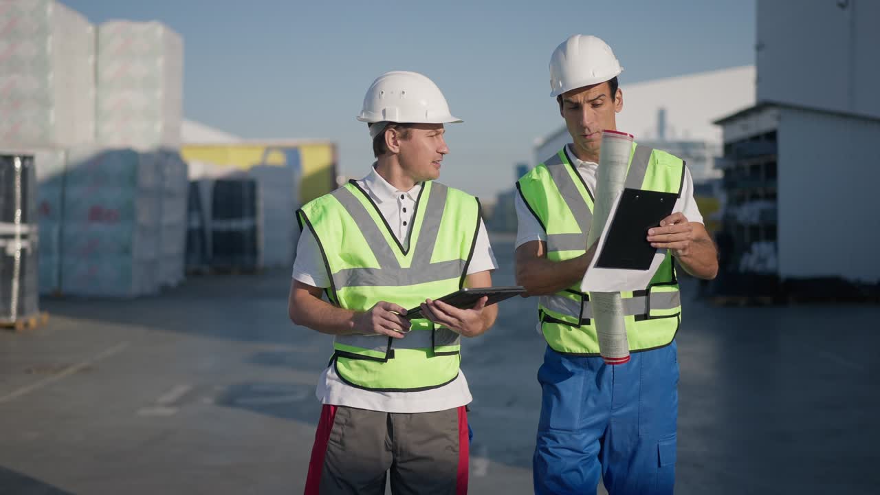 retrato de ingenieros serios y confiados de oriente medio y cáucaso caminando a la luz del sol al aire libre en el almacén hablando discutiendo el envío. hombres profesionales con cascos planificando la entrega de carga.