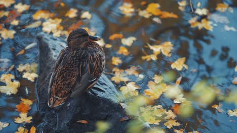 Female-mallard-duck-sits-on-the-rock-in-the-pond