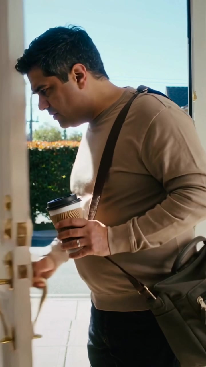 Vertical video: Walking man reaching lock, unlocking door, entering home with cup and messenger bag