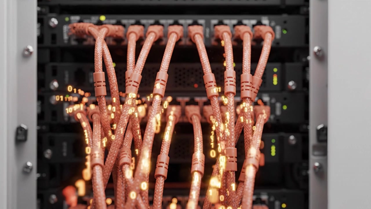 A Close-Up View of Server Cables with Glowing Data Stream Illustrating Digital Connectivity in Modern Networking Infrastructure