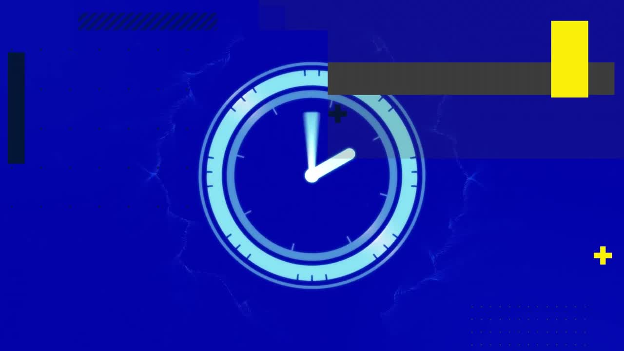 Animation of shapes over moving clock on blue background