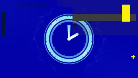 Animation-of-shapes-over-moving-clock-on-blue-background