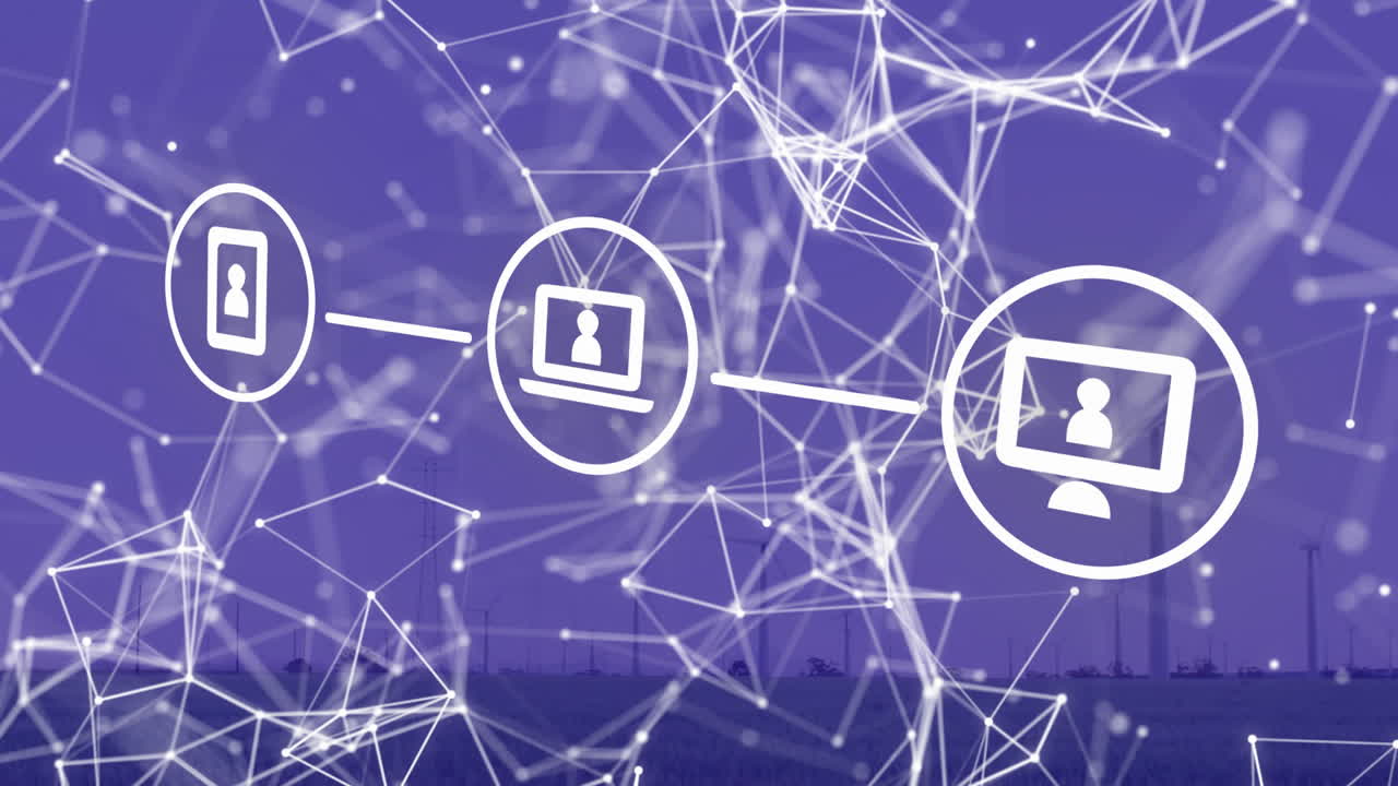 анимация икон и сети соединений на фиолетовом фоне