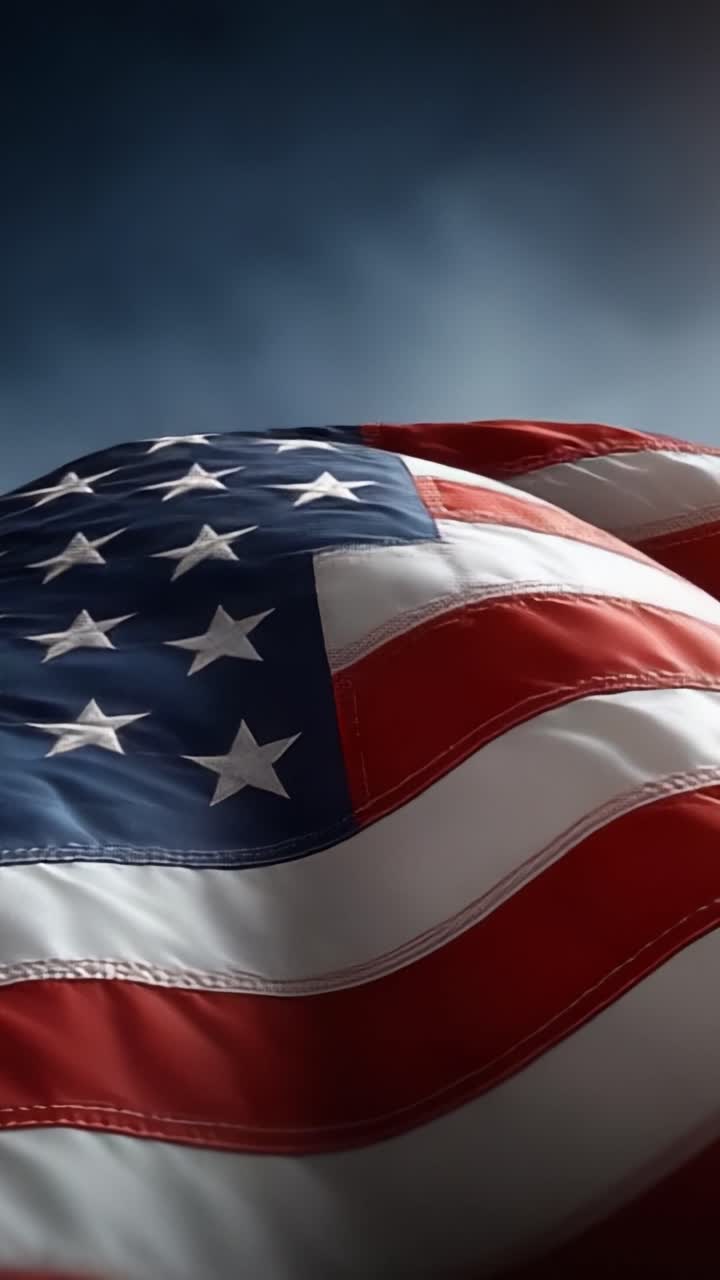 Una maestosa esposizione di una bandiera americana che sventola al vento, catturando l'essenza dell'orgoglio nazionale e della libertà contro uno sfondo di cielo drammatico