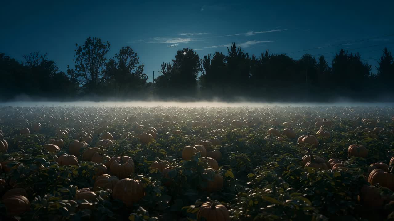 Telecamera in movimento che attraversa un campo di zucche di notte, rivelando zucche luminose nella nebbia illuminata dalla luna