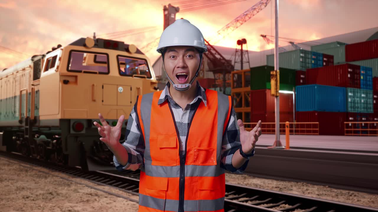 Asian Male Engineer With Safety Helmet Smiling To Camera And Saying Wow While Standing With Freight Cargo Train At Port