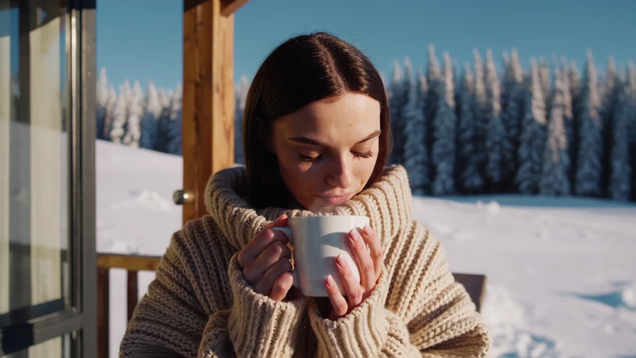 Woman enjoying a hot drink on a snowy balcony overlooking a winter landscape