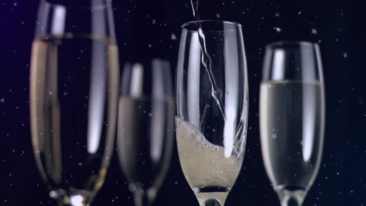Animazione di bicchieri da champagne e champagne che viene versato, con coriandoli che cadono su sfondo nero