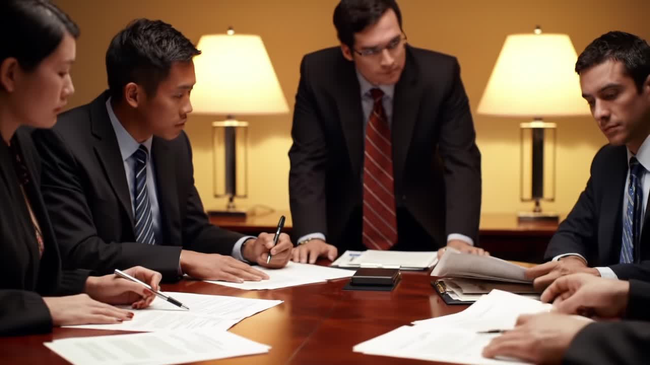 A Professional Business Meeting with Engaged Participants Collaborating on Important Documents and Discussing Key Strategies in a Corporate Setting