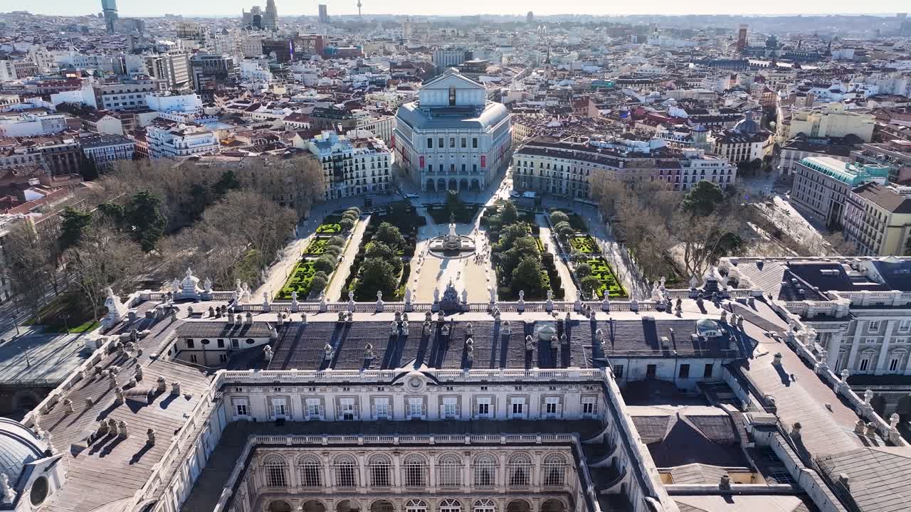 Royal Palace Of Madrid At Madrid In Community Of Madrid Spain. Medieval City Scenery. Royal Theater. Beautiful Garden. Royal Palace Of Madrid In Spain. Oriente Square Skyline