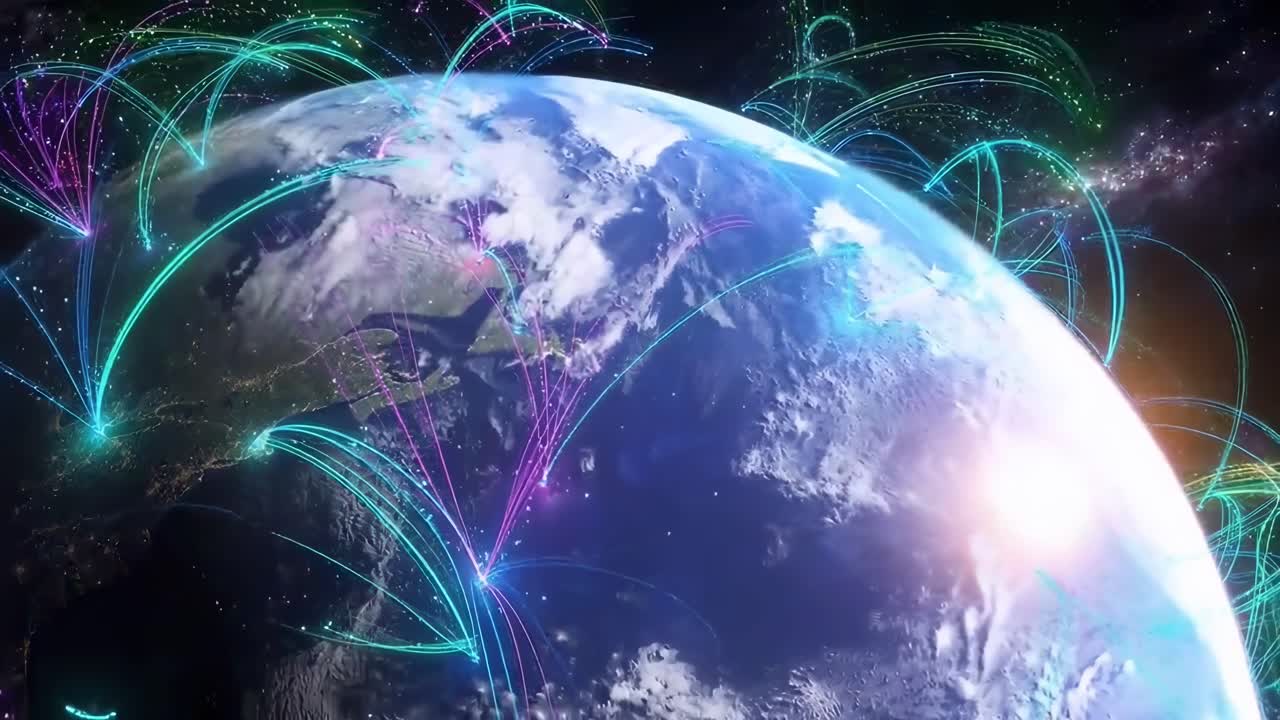 Aerial video of Earth with colorful data arcs, showcasing global connectivity from space