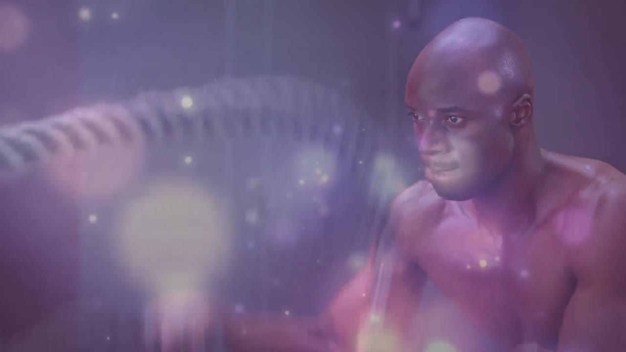 animación de luz brillante sobre un hombre en forma haciendo ejercicio en el gimnasio