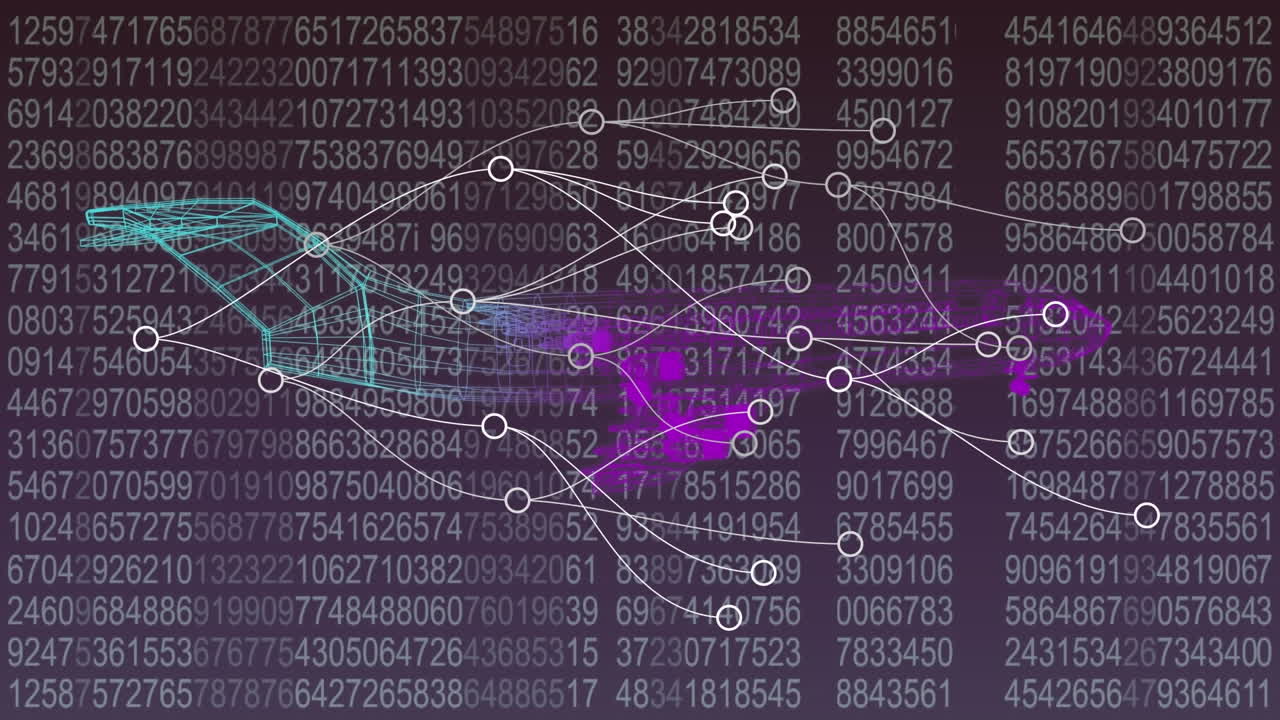 Animation of plane project, connections and numbers in digital violet space