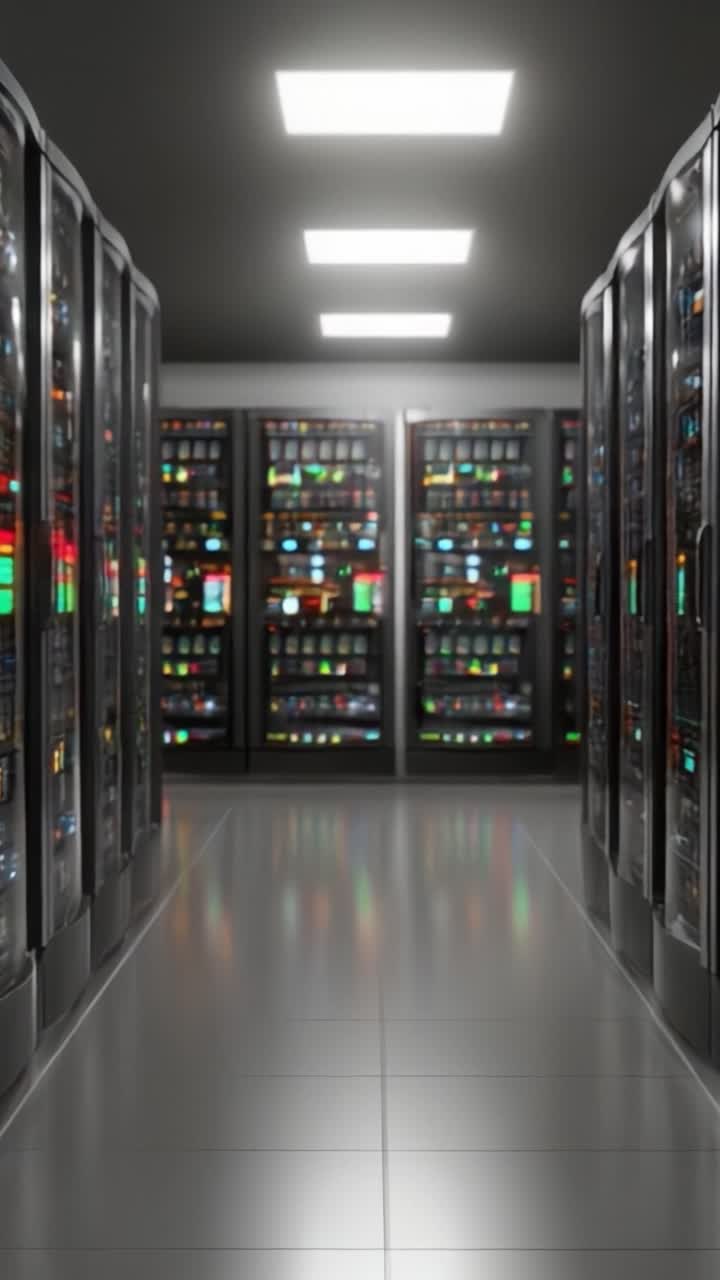 Et indblik i et moderne datacenter: Der udforsker rækker af højteknologiske servere oplyst af skarpe loftslamper.