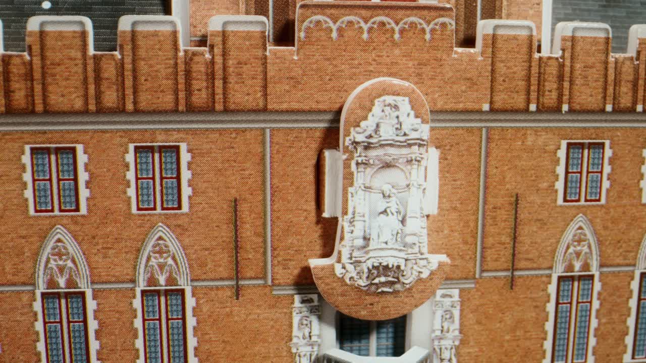 Details of Belfry of Bruges bell tower 13th century gothic architecture building miniature, Studio shot, Closeup, Bruges