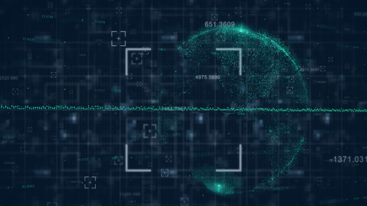 Animation of viewfinder and graph over globe and changing numbers against black background