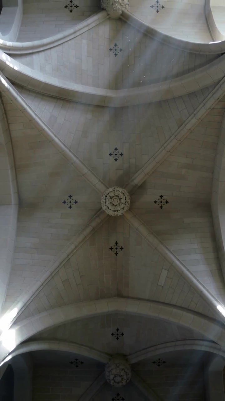 Video verticale: Telecamera puntata che riprende un soffitto a volta in pietra in una chiesa, mostrando un rosone scolpito.