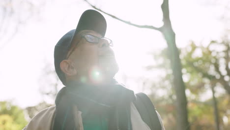 park, nature and senior man with sunshine