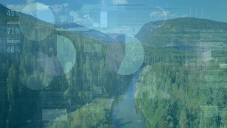 análisis de datos y gráficos de animación sobre el bosque verde exuberante y el río sinuoso