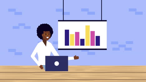 mujer de negocios afro usando portátil con animación de estadísticas