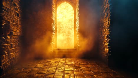 mysterious glowing door in a dark stone chamber with smoke